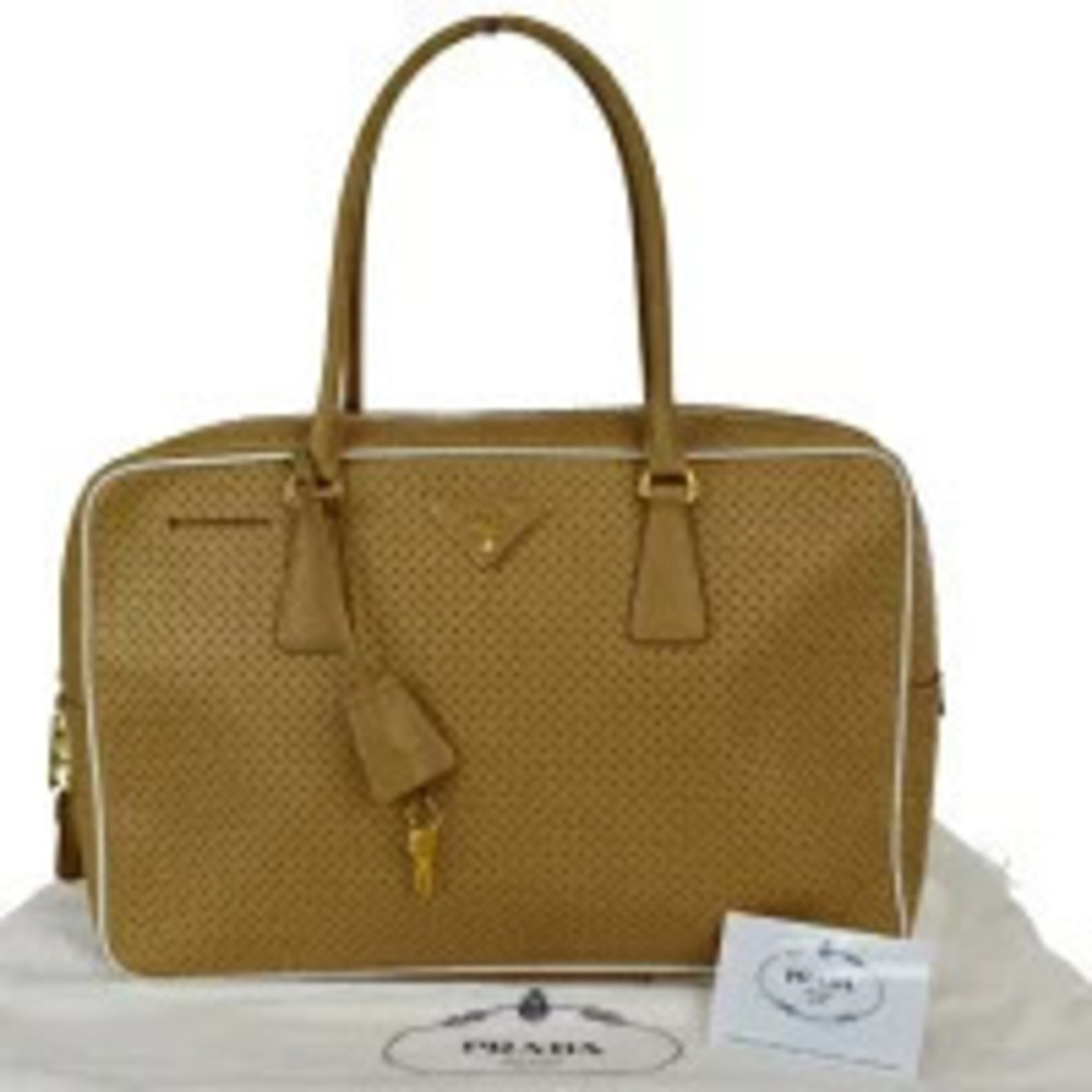 Prada Shoulder Bag Handbag Saffiano Perforated Beige Leather Padlock